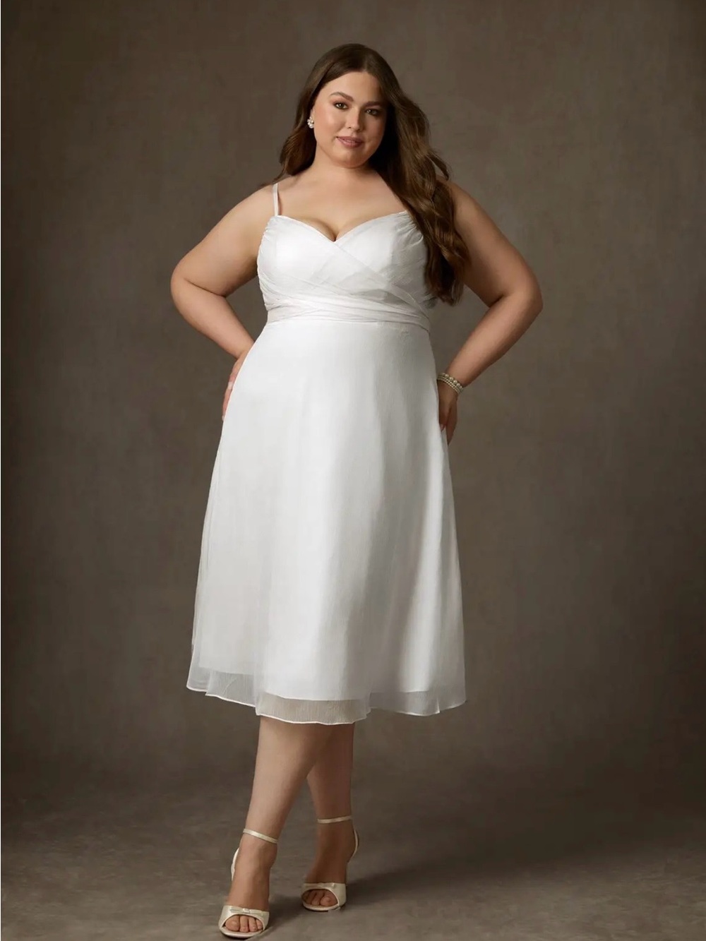 Azazie White Midi Spaghetti-Strap A-Line Dress